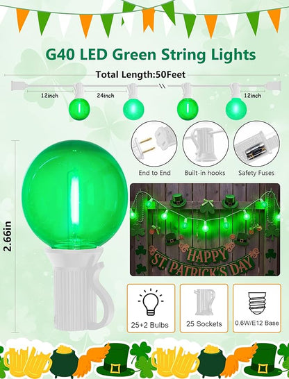 50FT G40 LED Outdoor Globe String Lights, St. Patrick's Day Decorations Lights Outdoor with 27 Shatterproof Green Bulbs, Hanging Globe Patio Lights Waterproof for Outside Party Wedding Porch Backyard