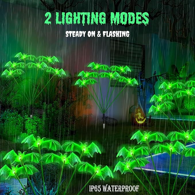 2Pack Solar Bat Garden Lights for Halloween Decorations outdoor,12LED 3D Scary Light up Flying Bats Outside Decor, Solar Bats Path Lights for Home Garden Porch Yard Lawn Halloween Party Gifts Decor