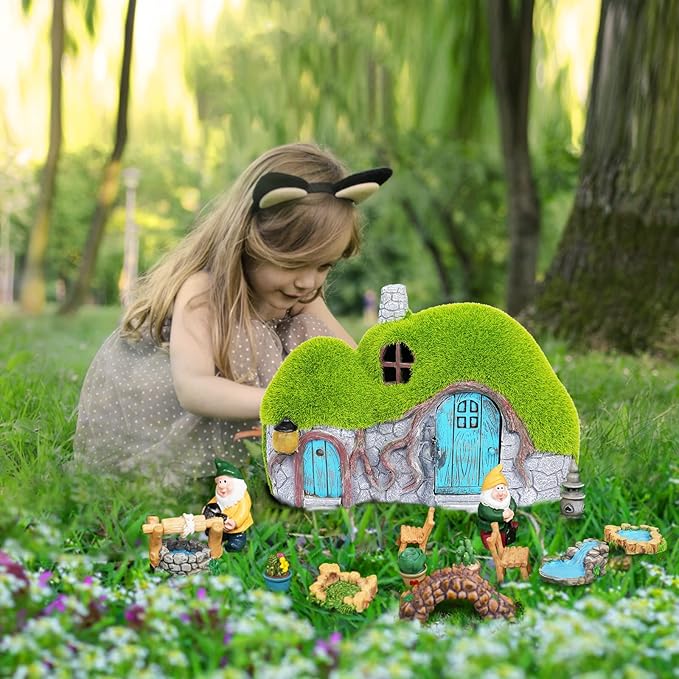 Garden Statues Outdoor Decor - Fairy House with Waterproof Solar Lights Resin Figurines for Yard Lawn Porch Outside | Lumora