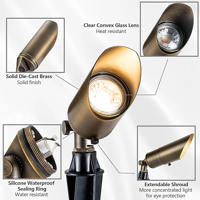 LumStory Brass Low Voltage Landscape Spotlight 12V Bronze Waterproof Shroud Adjustable Outdoor Landscape Lighting | Lumora