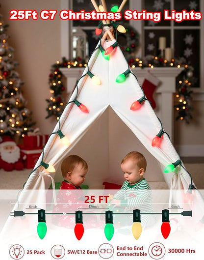 25Ft Red White and Green Christmas Lights,C7 Incandescent Christmas Lights with 27 White Red and Green Light Bulbs, Hanging Outdoor String Light for Tree Patio Wedding Party Decoration