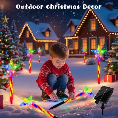Outdoor Christmas Decorations Lights, 8 Pack RGB Solar Candy Star Path Lights with 8 Modes, Solar Christmas Lights Outdoor Waterproof, LED Xmas Outside Lights for Garden Path Yard Decor (Star)