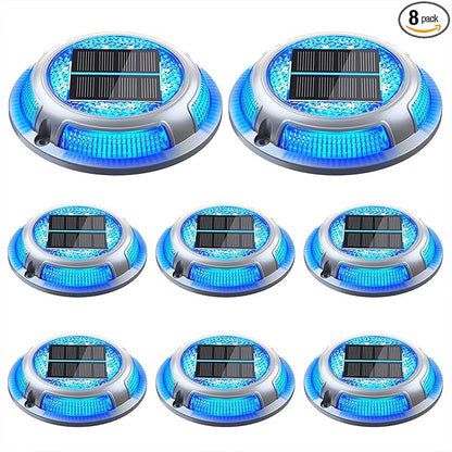 Solar Driveway Lights, 8 Pack Heavy Duty Driveway Lights Solar Powered 2 Color Mode (Cool White/Blue) IP68 Waterproof Outdoor Solar Deck Lights with Ground Stake for Pathway Garden Yard Walkway Dock