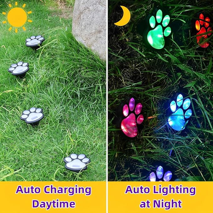 4 Pack Paw Print Solar Light Outdoor,Solar Dog Paw Light for Garden Decorations,IP65 Waterproof Solar Powered Yard Cat Puppy Lights for Lawn Pet Cemetery Pathway Patio Pet Lovers (Colored Light)