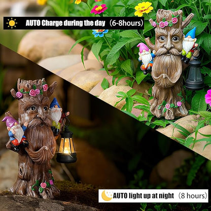 Whimsical Tree Ent Garden Statue with Gnomes – Solar Powered Outdoor Decor with LED Lantern, Funny Yard Ornament for Lawn, Patio, Porch, or Garden