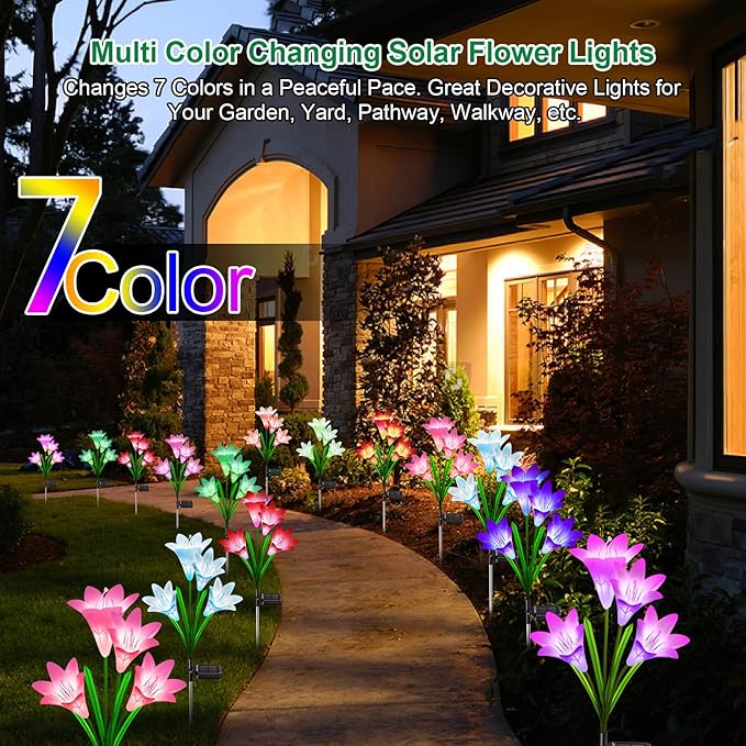 KuBace Solar Outdoor Lights Garden Decor, 6 Pack Upgraded Solar LED Flower Lights with 24 Bigger Lily Flower Lamp, 7 Color Changing Waterproof Solar Powered Flowers for Garden Yard Decor, Gift