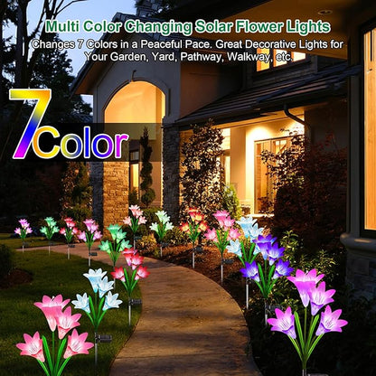 KuBace Solar Outdoor Lights Garden Decor, 6 Pack Upgraded Solar LED Flower Lights with 24 Bigger Lily Flower Lamp, 7 Color Changing Waterproof Solar Powered Flowers for Garden Yard Decor, Gift
