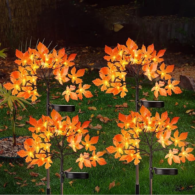 VIHOSE 4 Pcs Fall Maple Outdoor Solar Lights Thanksgiving Decorations LED Tree Lights Powered Solar Stake Waterproof for Outside with Adjustable Branches Autumn Decorations for Yard Lawn Patio