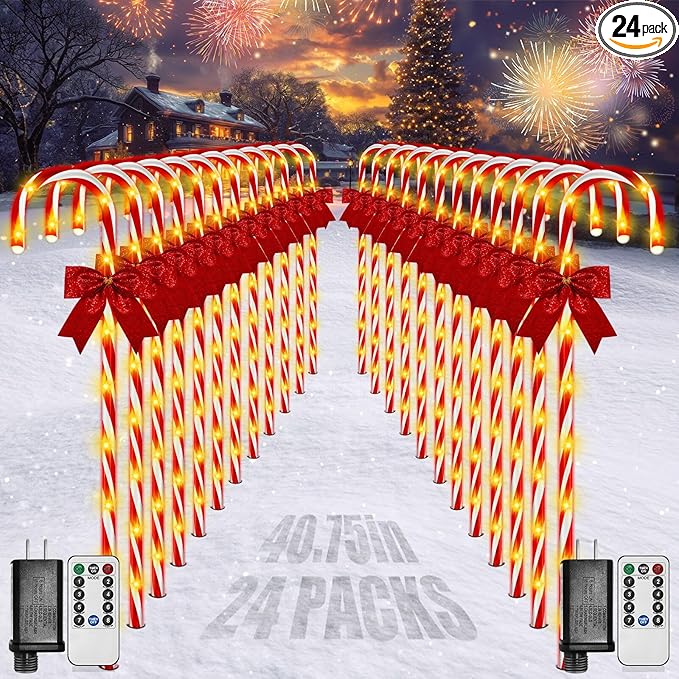 Christmas Candy Cane Pathway Lights, 24PCS 240 LED Christmas Lights Outdoor Decorations with Red Bow Waterproof, 8 Modes Timer Remote Walkway for Xmas Home Yard Lawn Patio Decor