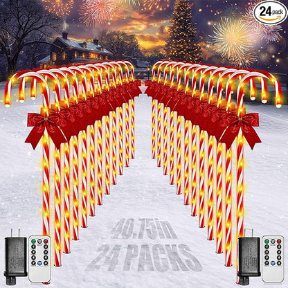 Christmas Candy Cane Pathway Lights, 24PCS 240 LED Christmas Lights Outdoor Decorations with Red Bow Waterproof, 8 Modes Timer Remote Walkway for Xmas Home Yard Lawn Patio Decor