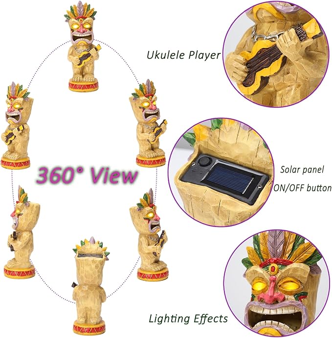 Solar Tiki Garden Statue with LED Eyes Outdoor Resin Ukulele Player Yard Decor Solar Light Hawaiian Style Lawn Ornament for Patio Porch Tiki Bar Decor Best Gift for Tiki Lovers