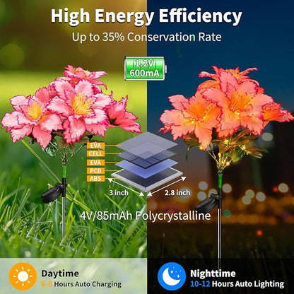 Neporal Solar Flowers Outdoor Waterproof Rhododendron，Garden Solar Lights Decorative 4PK 7-Stem, 2 Decor Lighting Modes, Solar Powered Garden Decor, Solar Yard Decor (Pink-2PK)