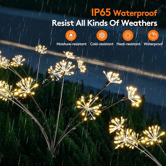 Solar Garden Lights Outdoor Waterproof Decorative, 2 Pcs 160LED Solar Swaying Starburst Firework Lights for Yard Lawn Patio Pathway Walkway, 8 Lighting Modes, Christmas Wedding Party Gift (Warm White)
