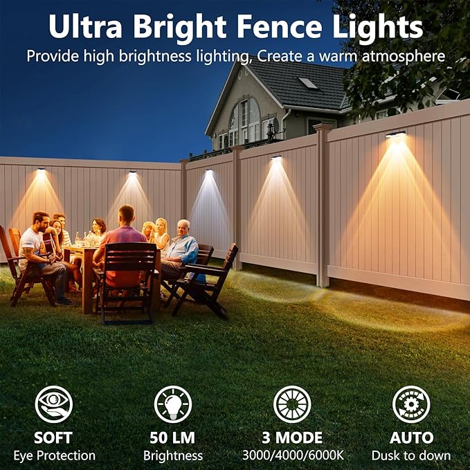 Solar Fence Lights Outdoor Waterproof 3000K 4000K 6000K 50 Lumens Lens LED Dusk to Dawn for Outside Deck Wall Step Patio Yard Railing Pool Garden 8 Pack