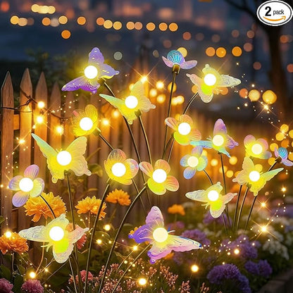 Solar Garden Butterfly Lights 2 Pack 12 LED Solar Swaying Flower Lights Waterproof Firefly Lighting Outdoor for Garden Patio Yard Pathway Flower Bed Decoration