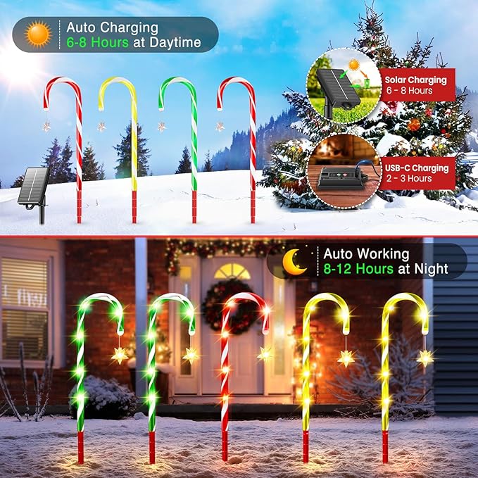 2025 Upgraded Christmas Decorations Outdoor Solar Candy Cane Lights, 10 Modes Waterproof Solar Christmas Pathway Lights with USB Charge, 28 FT 72 LEDs Outdoor Xmas Decor for Yard Lawn Porch Holiday