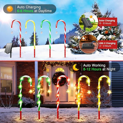 2025 Upgraded Christmas Decorations Outdoor Solar Candy Cane Lights, 10 Modes Waterproof Solar Christmas Pathway Lights with USB Charge, 28 FT 72 LEDs Outdoor Xmas Decor for Yard Lawn Porch Holiday