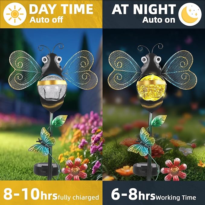 Solar Bee Garden Stakes Lights Outdoor Waterproof Metal Garden Stakes Decorative Bee Decor for Outside Yard Lawn Patio Decorations Whimsical Solar Lights Outdoor Housewarming Gardening Gifts for Women