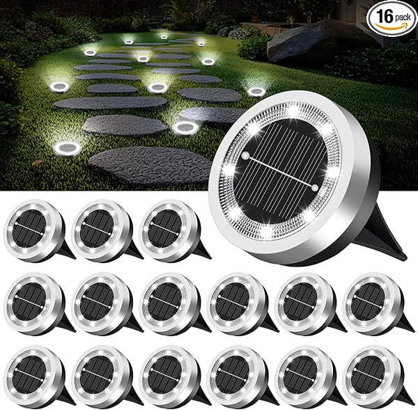 Mini Solar Ground Lights 16 Pack Outdoor IP65 Waterproof Solar Flat Garden Light Solor Powered Disc Pathway Lights | Lumora