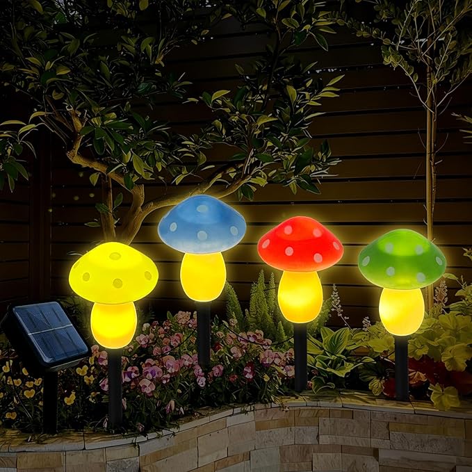 4Pcs Mushroom Solar Lights Outdoor, Waterproof Fairy Houses Light Mushroom Garden Decor Decorative Solar Powered Garden Stake Lights for Outside Lawn Walkway Patio Yard (Red/Yellow/Green/Blue)