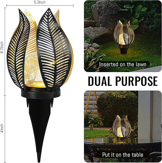 Solar Garden Lights Waterproof Decorations,Crackle Globe Glass,Metal Palm Leaf Solar Lights for Outdoor Decor On | Lumora