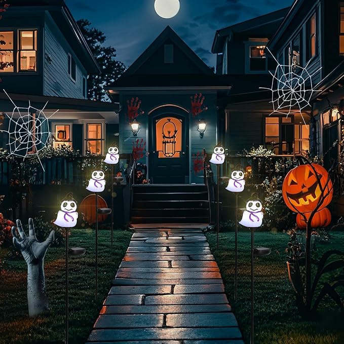 Bshine 2 Pack Halloween Ghost Solar Lights Hand Blown Glass Waterproof Outdoor Halloween Decorations Solar LED Decor