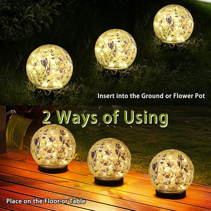 Solar Globe Lights Outdoor Waterproof, Cracked Glass Ball Orb Lights, Waterproof Globes for Garden Pathways, Patio Decor & Backyard Landscaping, Round Ornaments Orbs (Blue Flower)