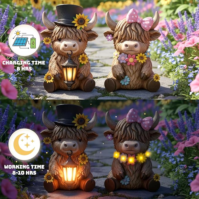 Retisee 2 Pcs Solar Highland Cow Garden Statues Resin Garden Highland Cow Statues with Flower LED Lights Outdoor | Lumora