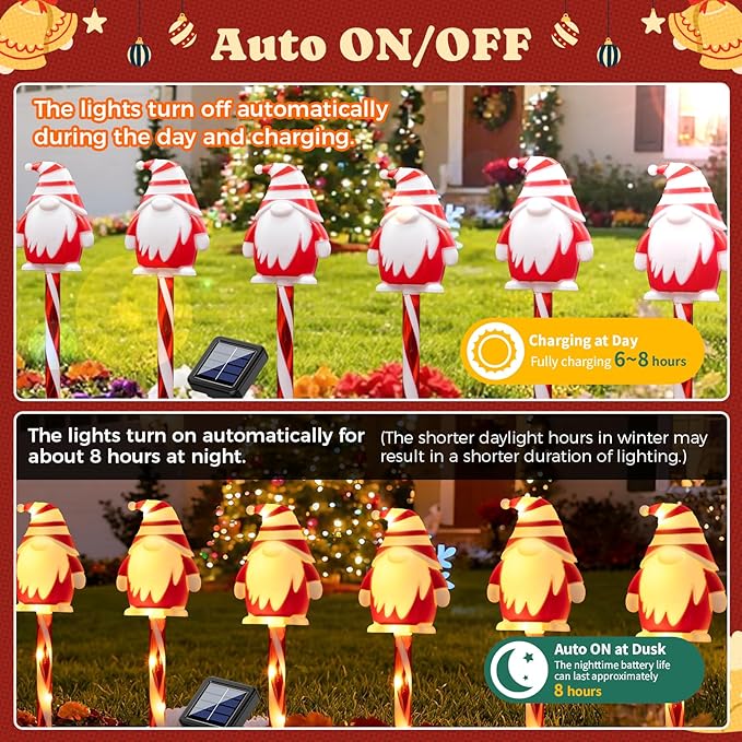 5 Packs Christmas Elf Solar Garden Light with 8 Light Modes, 15.75 Inches Tall Christmas Patio Outdoor Light, IP65 Waterproof, Auto ON/Off, Solar Xmas Light for Pathway, Courtyard