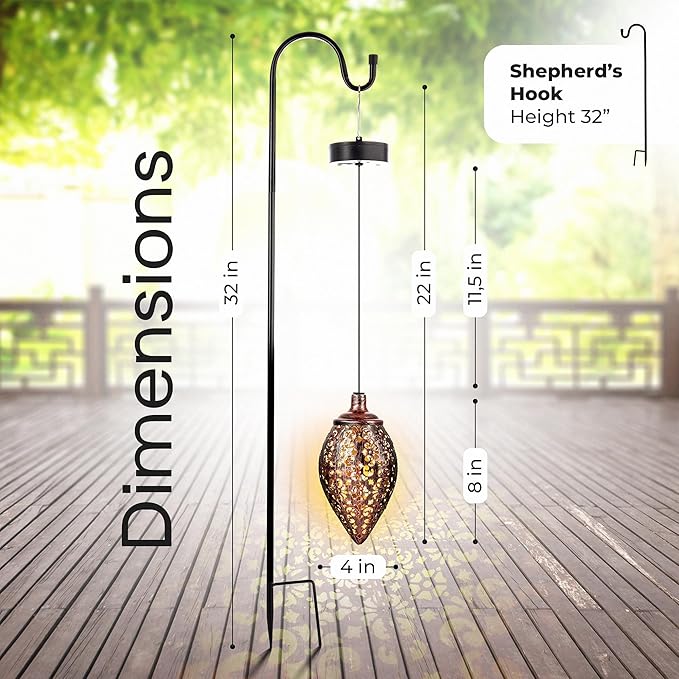 Solis Plus Outdoor Hanging Light -with Shepherd's Hook - Solar Lighting for Garden – with 8mm LED Décor Elegant | Lumora