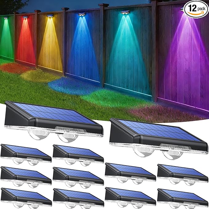 TECKNET Solar Fence Lights Outdoor 12 Pack, Warm White & 6 Colors & RGB, IP66 Waterproof LED Deck Light, Dusk to Dawn Fence Lights Solar for Wall, Railing, Step, Patio, Pool, Backyard, Outside