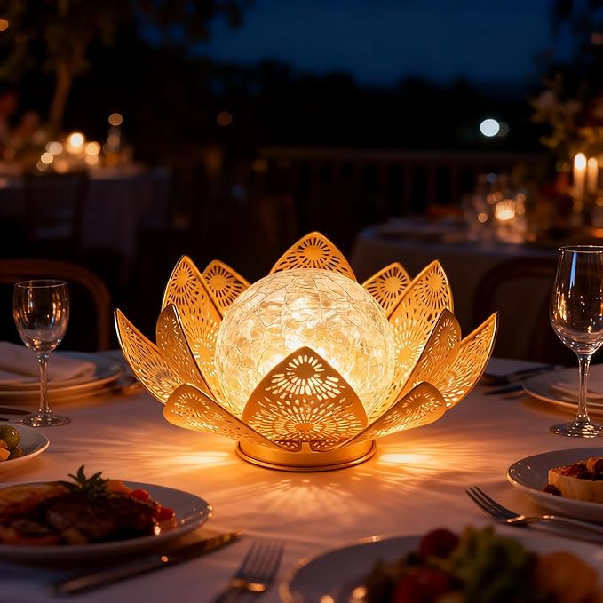 Solar Lights Outdoor Waterproof Lotus Flower Metal Yard Art Decoration Crackle Globe Glass Solar Lamp Garden Decor for Outside, Flowerbed Lawn Patio Porch Pathway Pond Decorations