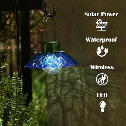 XUWEN Solar Lights Outdoor Waterproof - Blue Solar Flower Lights with Crackle Globe Glass Light, Hanging Lanterns Decorative Outdoor for Yard Walkway Lawn Fence,Christmas Housewarming Gifts for Women.