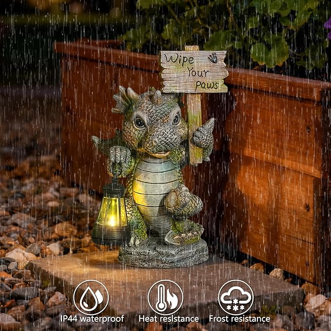 Solar Dragon Garden Statue with Lantern, Resin Outdoor Yard Decor Figurine, Waterproof Solar Powered Light for | Lumora
