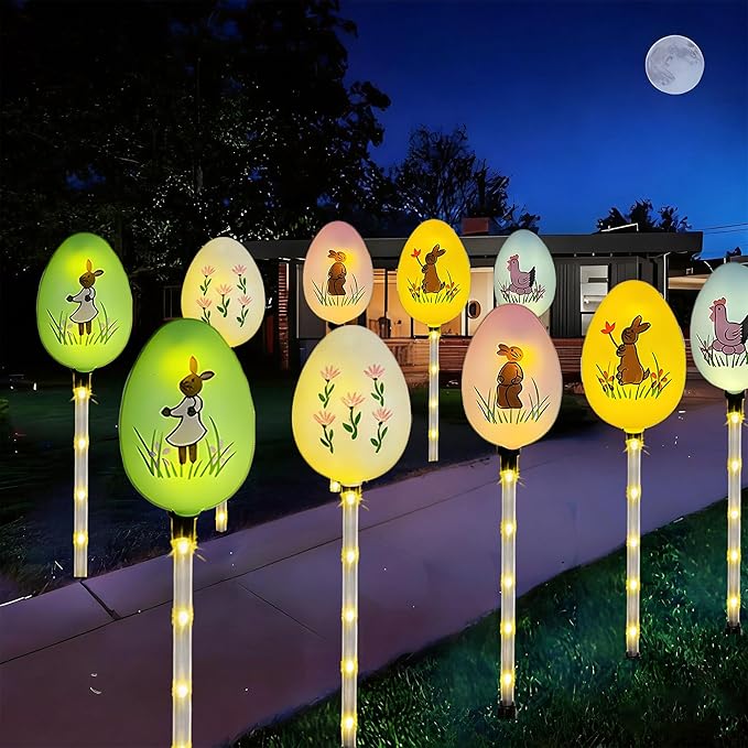 Solar Easter Bunny Egg Lights - 5 Pack Outdoor Solar Path Lights with 8 Lighting Modes, Waterproof Garden Stake Lights for Easter, Birthday, Housewarming Gifts & Outdoor Decor