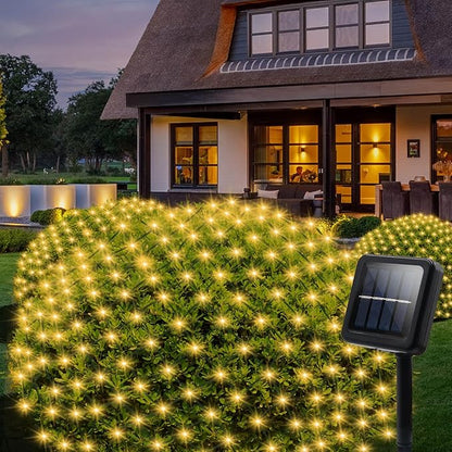 echosari Solar Net Lights Outdoor, 100 LED 5Ft x 5Ft Bush Net Light Outdoor Mesh Lights Auto On/Off 8 Modes for Tree Fence Backyard Bush Decor (Warm White)