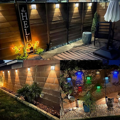DenicMic Solar Wall Lights Outdoor Wall Sconce Fence Lighting for Patio Front Door Yard Deck Stair Led Forest Decorative Lamps, Waterproof, Warm White Color Changing (4 Pack)