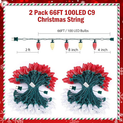 Brightown C9 LED Christmas String Lights, 2 Pack Total 132ft 200LED Outdoor Lights String, Plug-in Connectable Waterproof Roofline Lights String for Outside Yard Christmas Holiday Decor