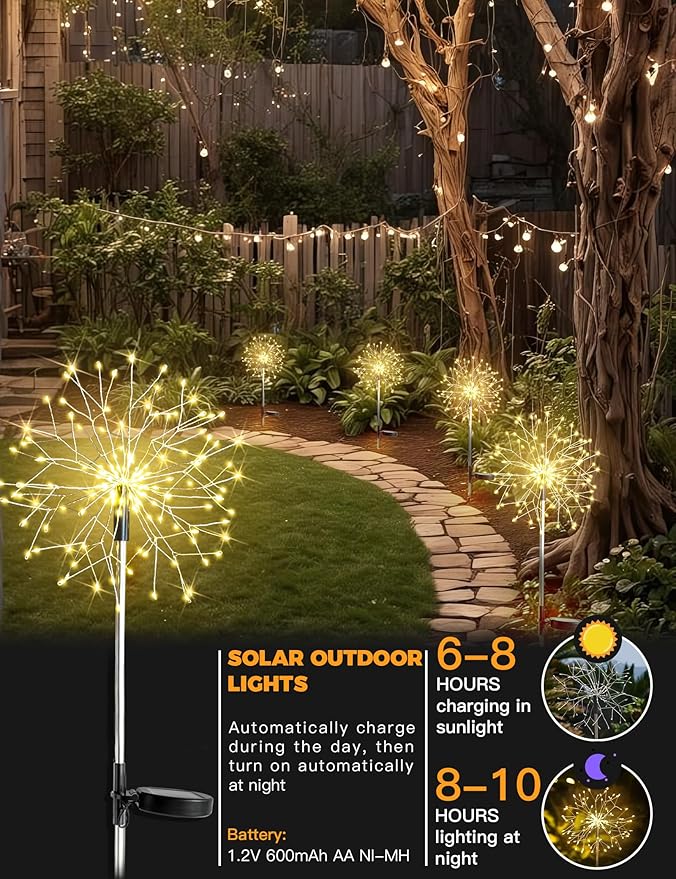 suddus Solar Garden Lights Outdoor Waterproof Decorative, 4Pack 150LED Firework Lights, Solar Fairy Lights for | Lumora