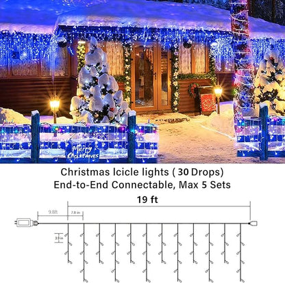 Joomer Christmas Icicle Lights - 19FT Outdoor String Lights Waterproof, 8 Modes Timer Connectable Plug-in String Light for Christmas Party, Eaves, Roofs, Xmas Decorations (Blue)