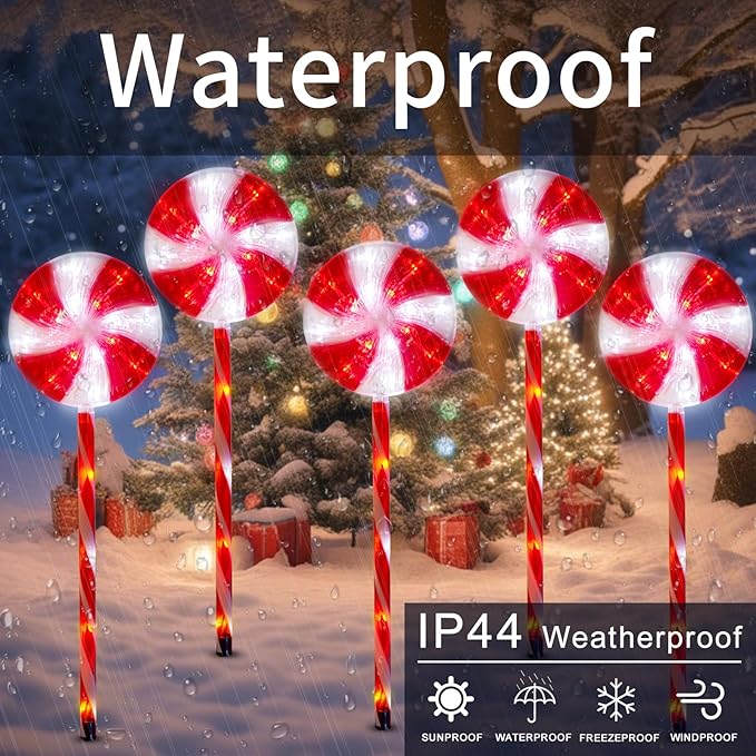 BRIGHTDECK Lollipop Solar Christmas Pathway Lights Outdoor, 5 Pack LED Christmas Decor with 8 Lighting Modes, Light Up Solar Stake Lights for Holiday, Xmas, Walkway, Sidewalk (Red, 5 PCS)