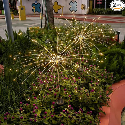 Solar Garden Firework Lights Outdoor Waterproof, 2 Pack 150 LED 8 Lighting Modes Sparklers Solar Twinkling Starburst Lights for Yard Flowerbed Pathway Fence Decorations, Warm White