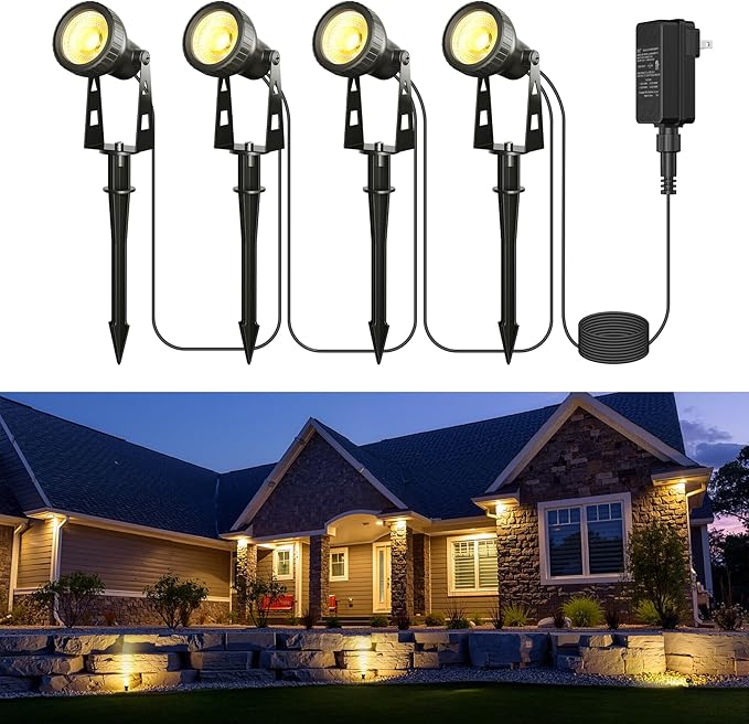 Outdoor Landscape Lighting, 4-Pack Outdoor Spot Lights with Transformer, Plug in LED Spot Lights for Garden, Yard, Backyard, Plants, Lawn, Trees, House, Flags, IP65 Waterproof – Warm White