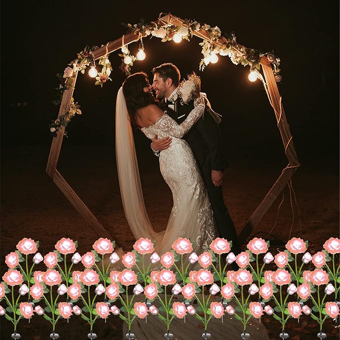 SmilingTown Solar Garden Stake Lights 2 Pack with 10 Rose Flowers Landscape Path Decorative Lights Waterproof for Outdoor Yard Grave Cemetery Pathway Courtyard Lawn (Pink)