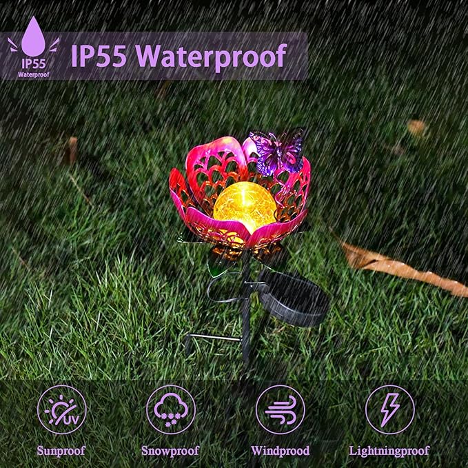 Outdoor Solar Flower Light, Crackle Glass Globe LED Lights, Metal Butterfly Decorations Lights, Hollow Petal Tulip Stake Light for Patio Yard Walkway Ground Lawn Ornaments Gifts (Purple)