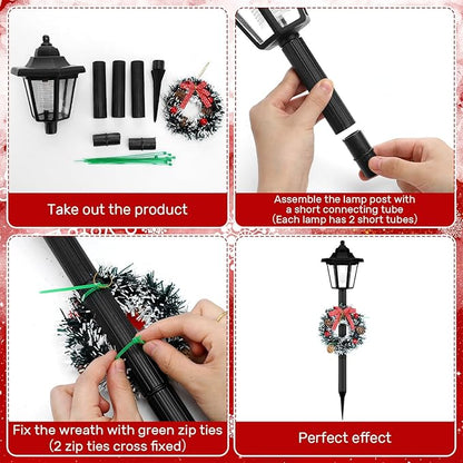 VIHOSE 4 Pcs 21.3 Inch Christmas Solar Pathway Lights Outdoor Waterproof Solar Christmas Street Lights with Ribbon Accessories Outdoor Lights for Yard Pathway Walkway Holiday Decor(Wreath)