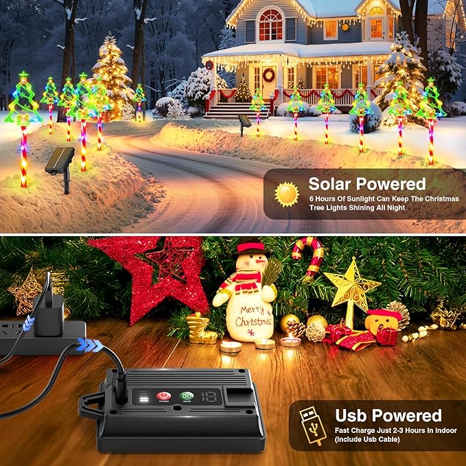 12 Pack Christmas Solar Pathway Lights Outdoor Decorations, 10 Modes Christmas Tree Candy Stake Lights with 156 | Lumora