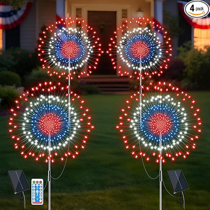 4th of July Decorations Firework Solar Lights Outdoor, 8 Modes & Timer Remote Red White and Blue Patriotic Lights with 180 LED for Garden Yard Patio Pathway Lawn Fourth of July Decor(2 Set of 2 Pack)