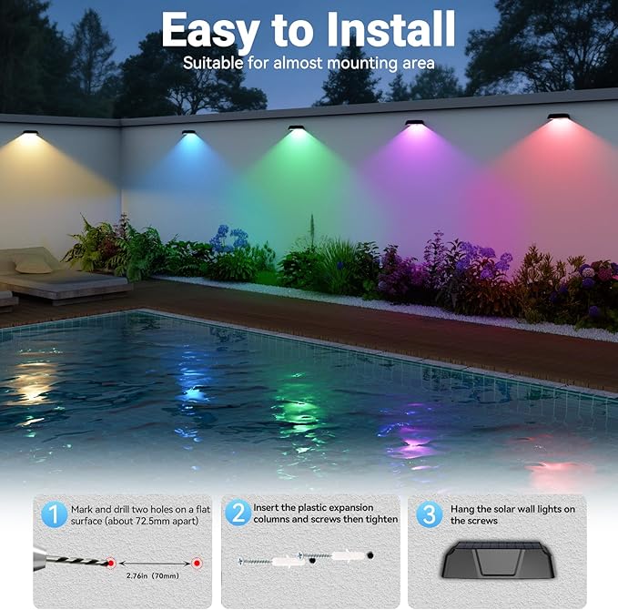 Solar Fence Lights Outdoor,10 Color Modes & RGB Changing Solar Lights for Fence,Ip65 Waterproof,Auto On/Off,Solar Powered Outdoor Lights for Garden,Patio,Pool,Deck,Stairs,Holiday Decor(8p)