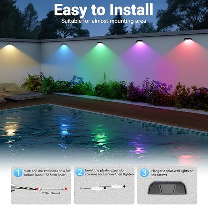Solar Fence Lights Outdoor,10 Color Modes & RGB Changing Solar Lights for Fence,Ip65 Waterproof,Auto On/Off,Solar Powered Outdoor Lights for Garden,Patio,Pool,Deck,Stairs,Holiday Decor(8p)